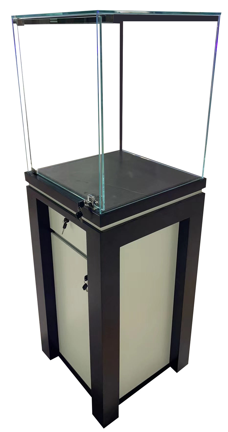 Dark and White Wood with Tempered Glass Pedestal Showcase