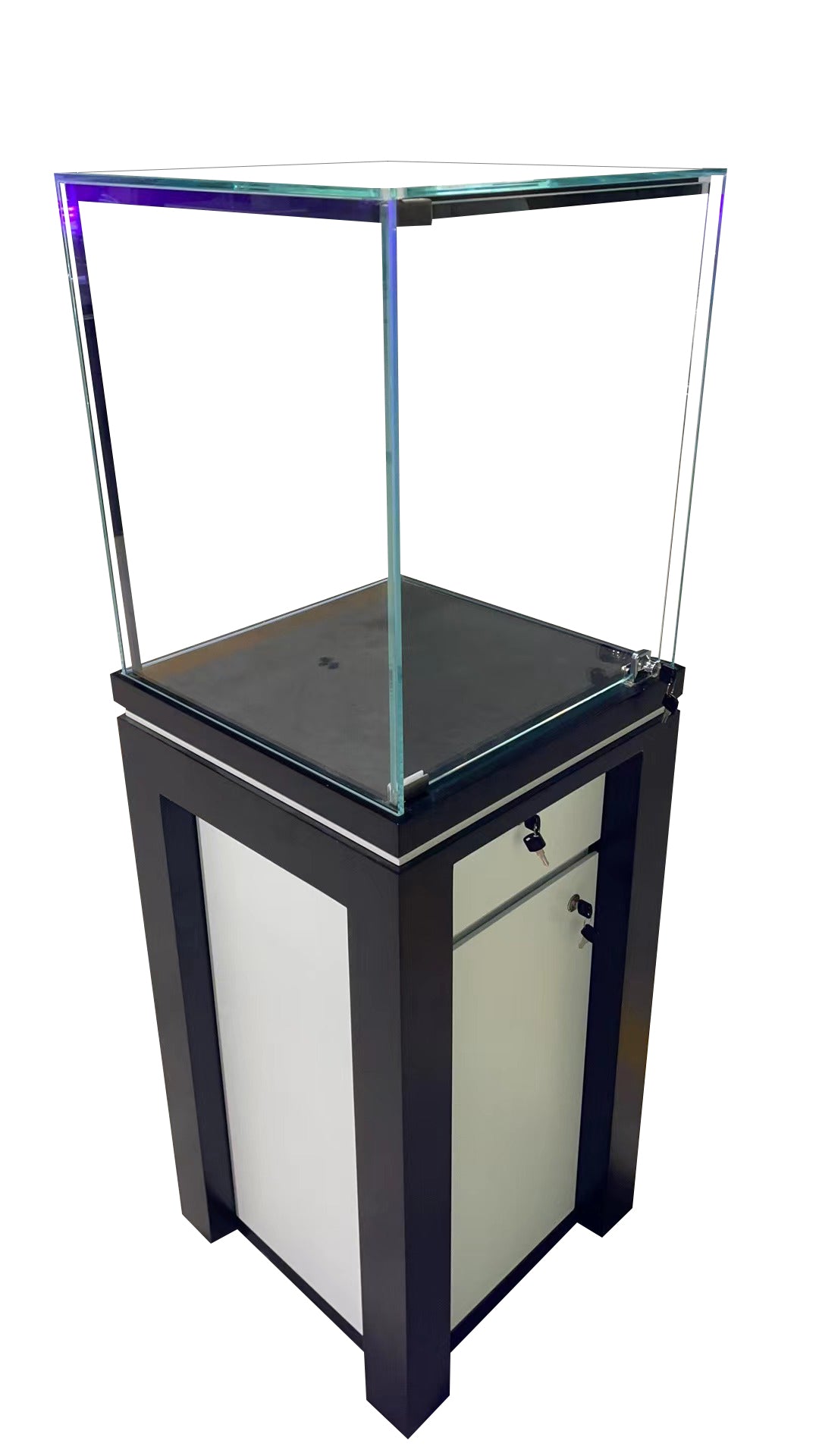 Dark and White Wood with Tempered Glass Pedestal Showcase