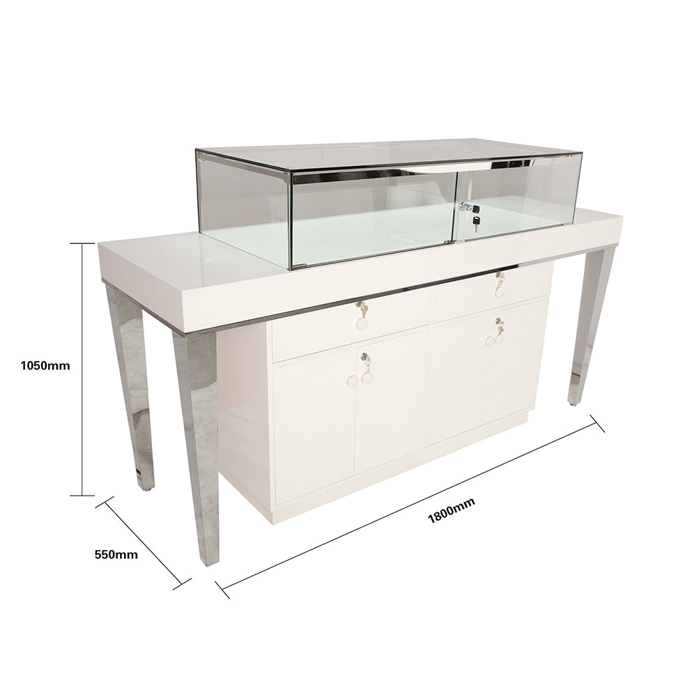 White Gloss Wood with Aluminum Frame Jewelry Display Showcase
