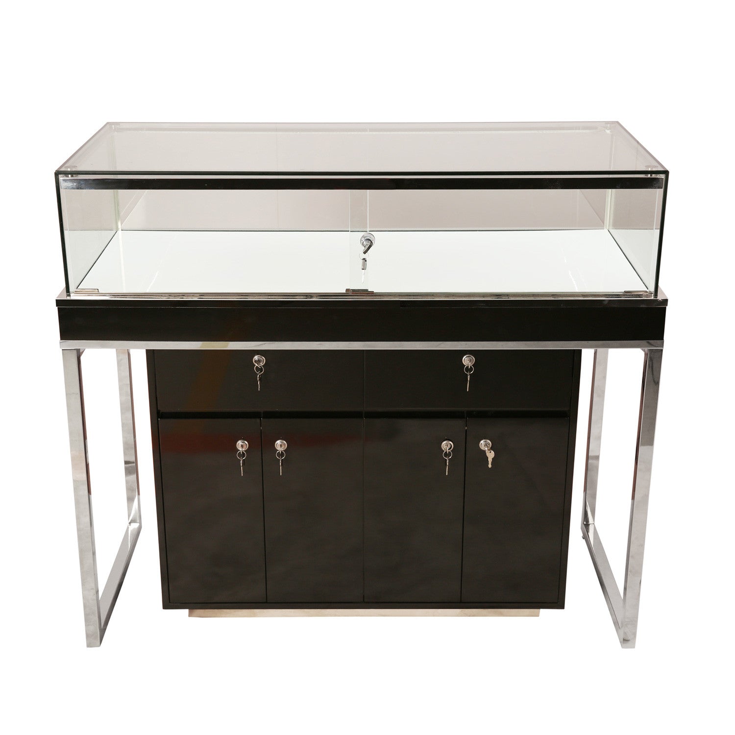 Aluminum Frame Display Case with White Center Panel and Wood Trim