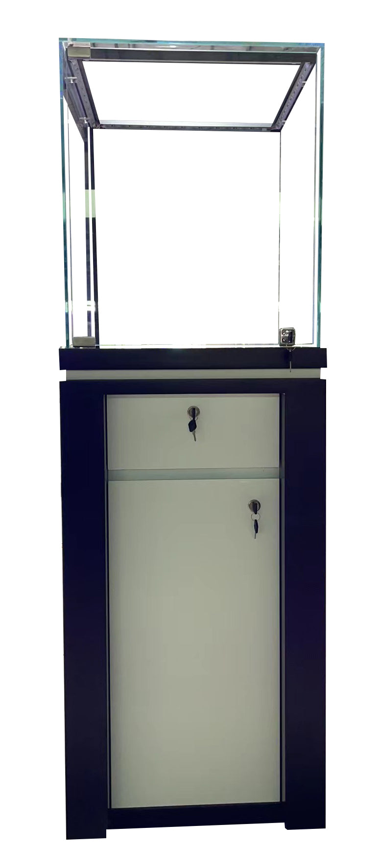 Dark and White Wood with Tempered Glass Pedestal Showcase