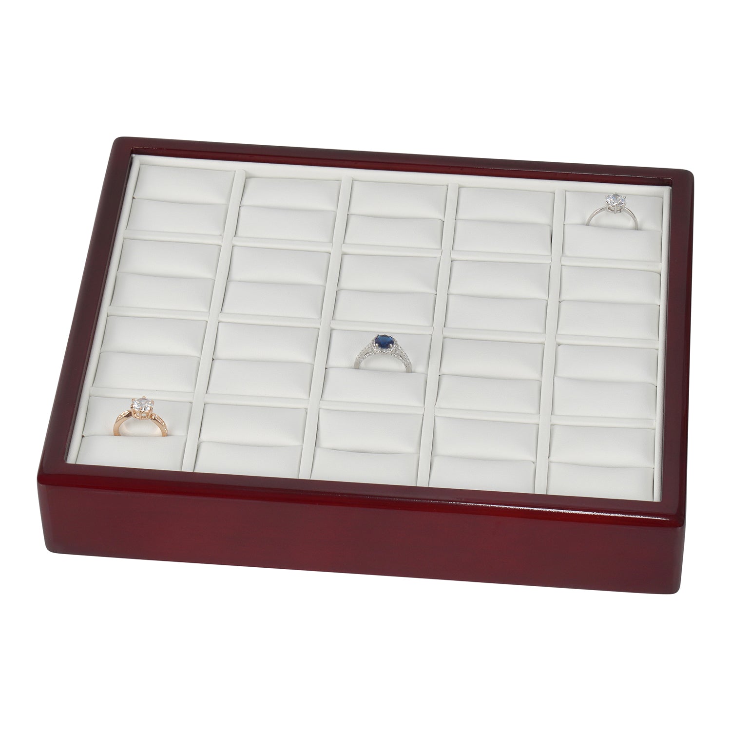 Genuine Wood Frame 20 Ring Tray with Leatherette Interior
