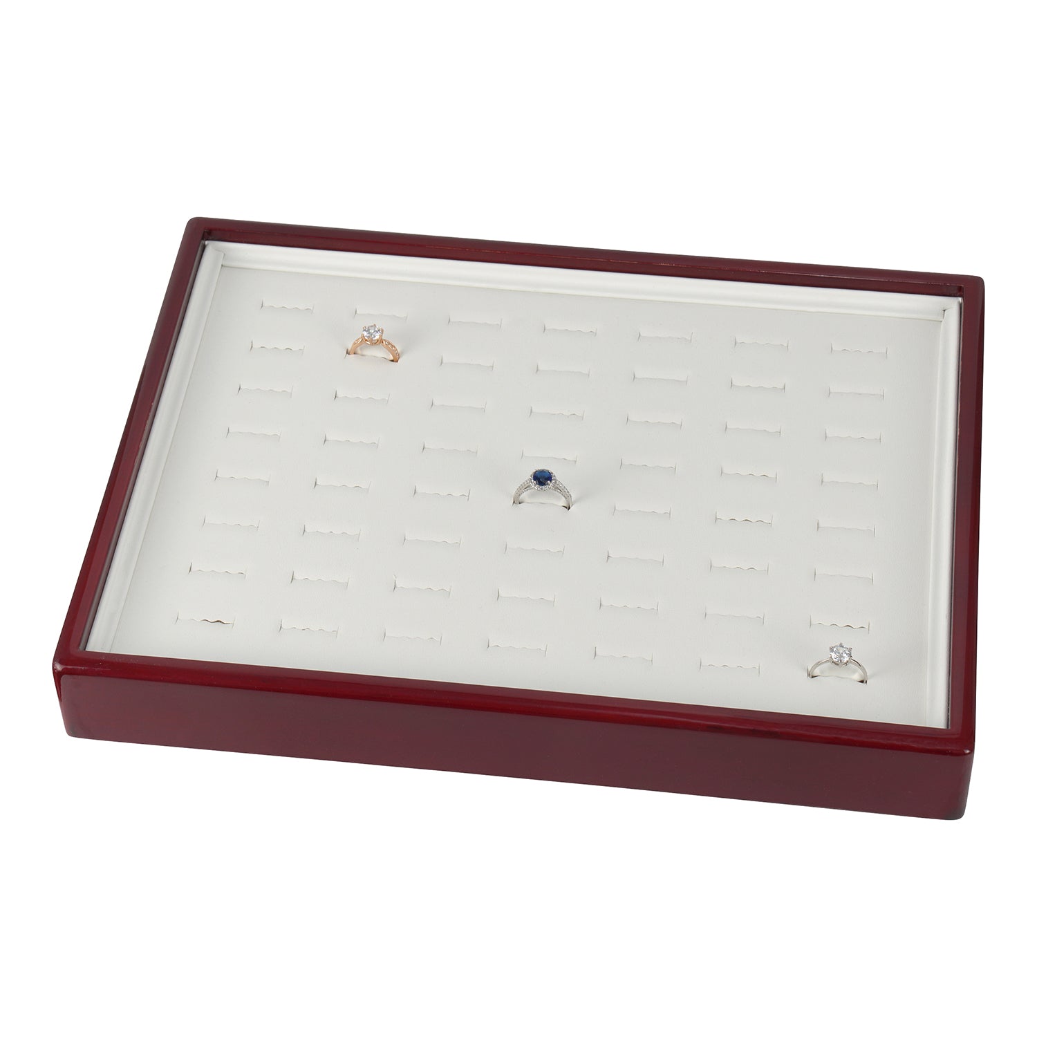 Genuine Wood Frame 56 Ring Tray with Leatherette Interior