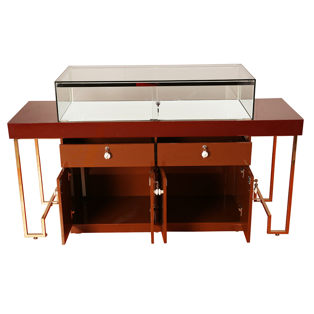Modern Wooden Showcase with Stainless Steel Legs and Luscious Suede Inserts