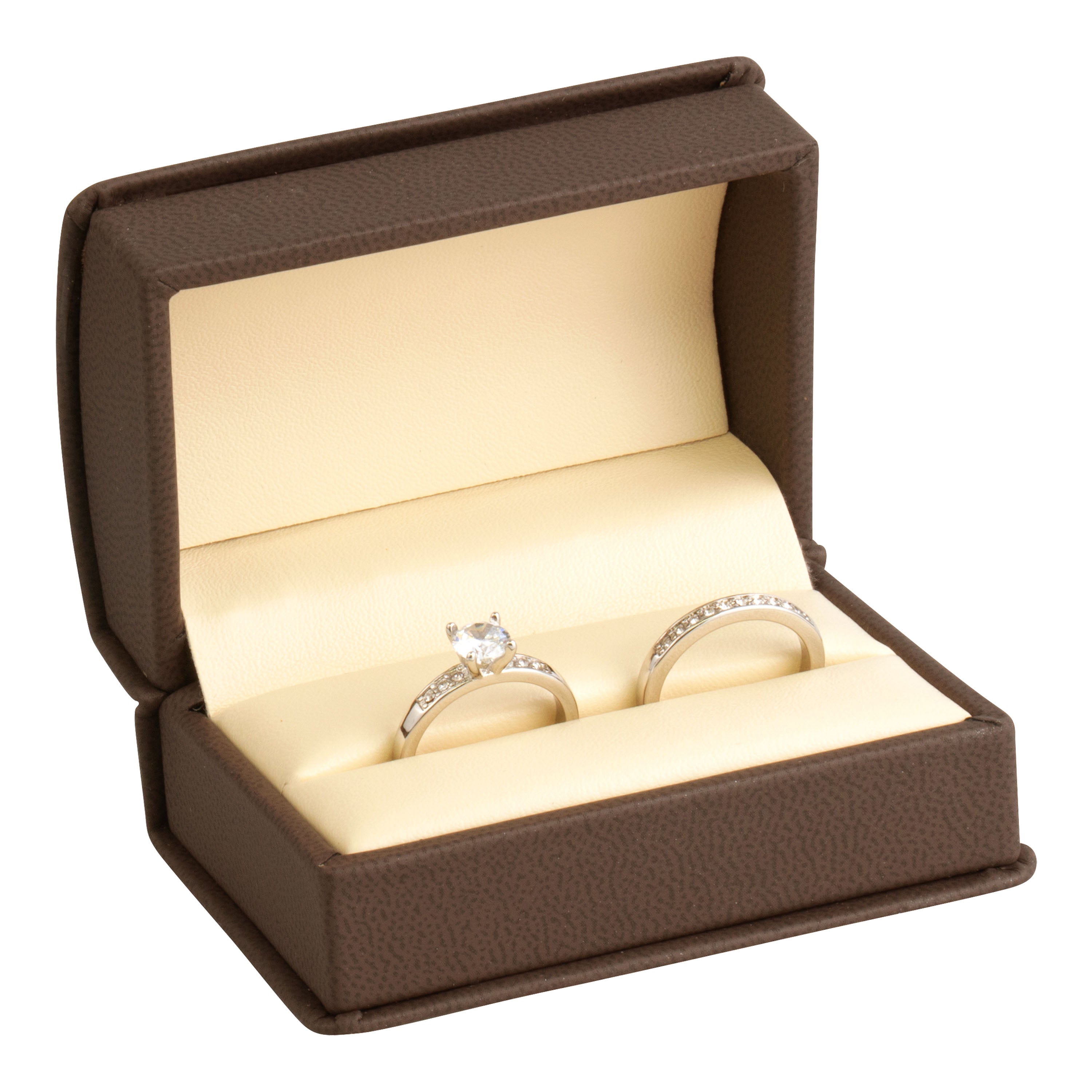 Leatherette Double Ring Box Leatherette Interior with Ribboned Packer
